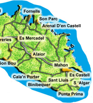 Map Of Menorca Resorts Menorca, A Guide To Menorca Resorts, Menorca Maps, Menorca Photographs,  Menorca Car Hire, Menorca Villa & Apartment Rental, Walking In Menorca.